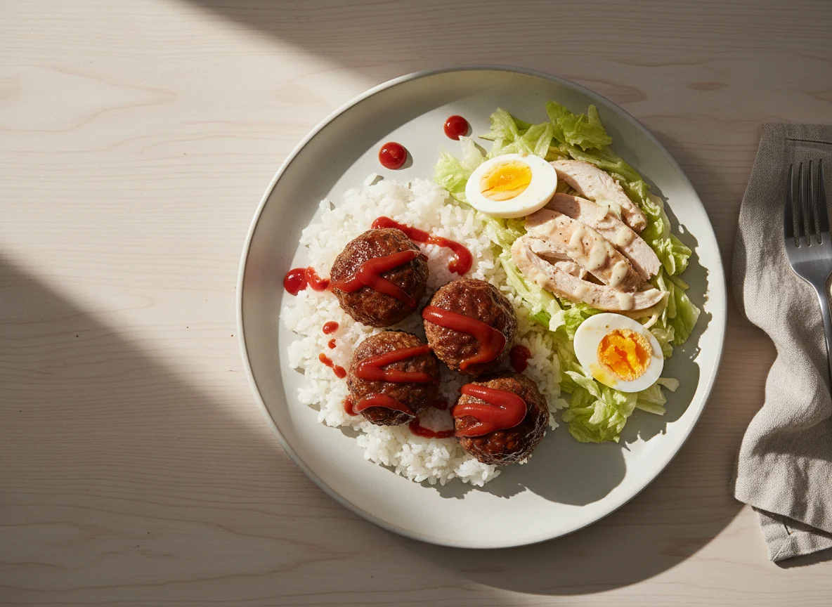 Healthy salad with chicken 
meatballs and steamed rice