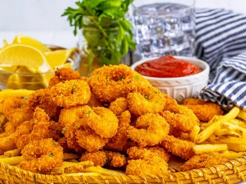 Panko crumb fried prawns and onion rings